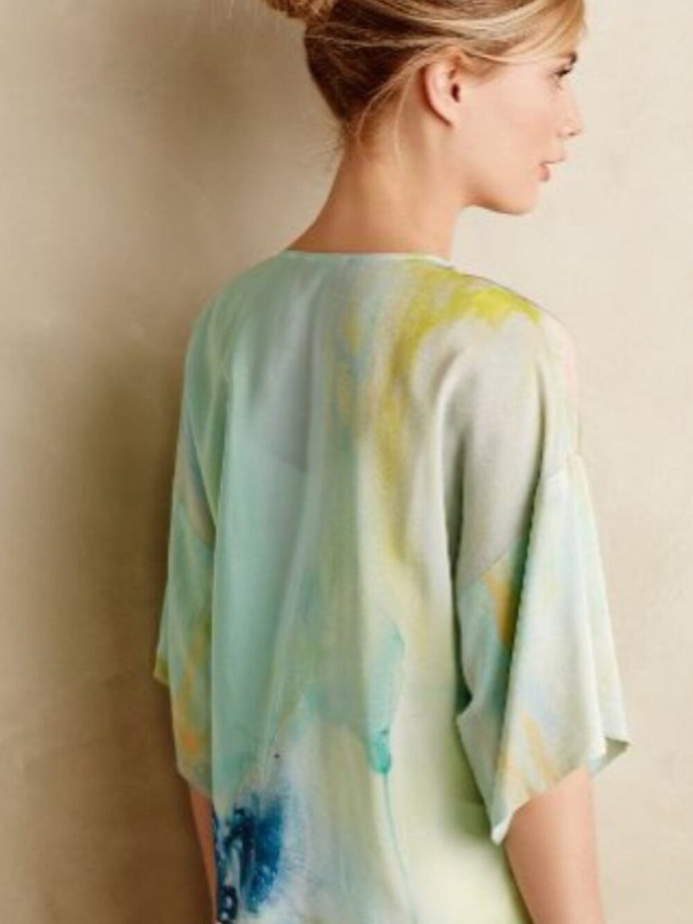 Anthropologie Claire Dejardins Abstract Colorful Aquarelle Silk Blouse Top 6/M